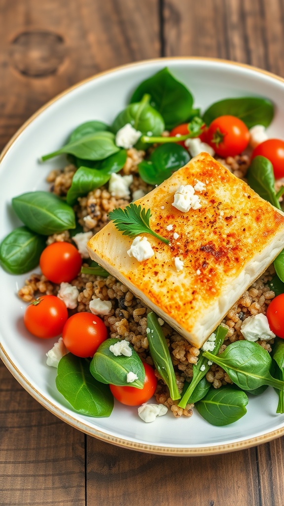Baked cod fillet on quinoa and spinach salad with cherry tomatoes and feta, on a rustic wooden table.